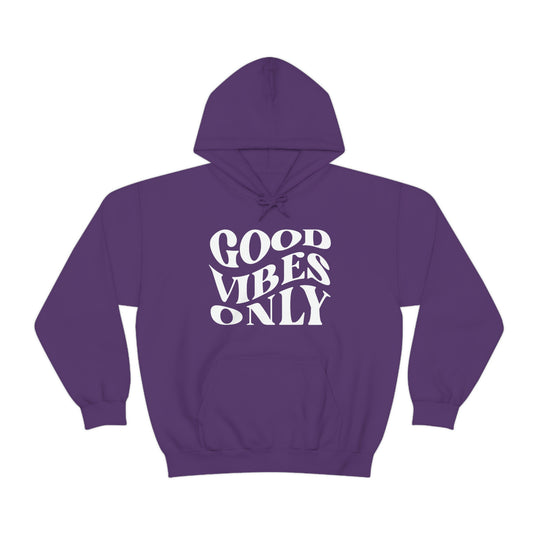 A cozy Good Vibes Only Hoodie, featuring white text on a purple background. Unisex, cotton-polyester blend, kangaroo pocket, and drawstring hood. Classic fit, tear-away label, medium-heavy fabric. From Worlds Worst Tees.