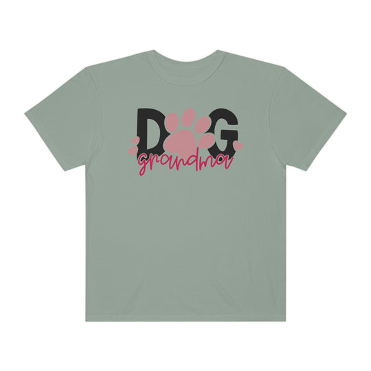 A cozy Dog Grandma Tee in grey, featuring a paw print design. Made of 100% ring-spun cotton with double-needle stitching for durability and a relaxed fit for daily comfort.