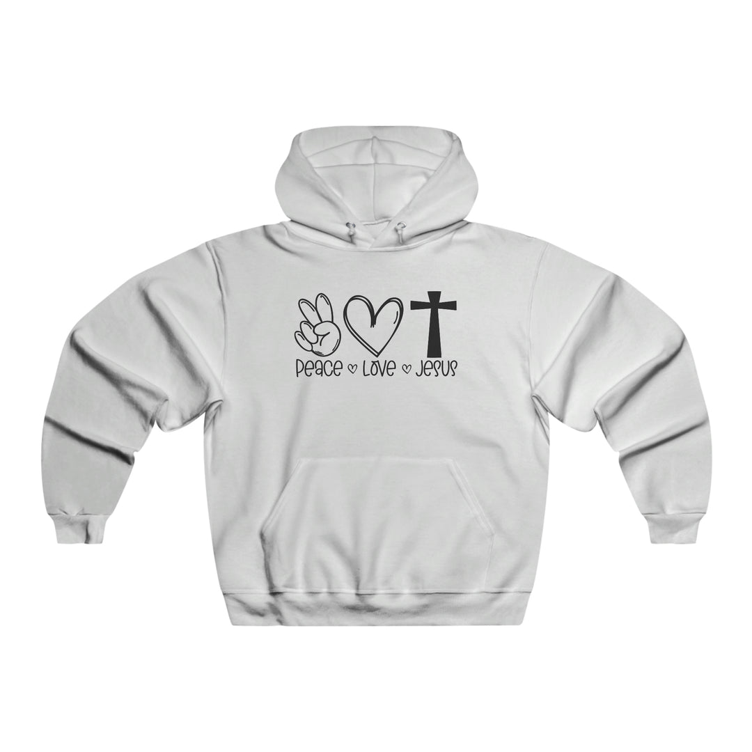 A white hoodie featuring a peace sign and a cross, embodying peace, love, and faith. Unisex heavy blend, 50% cotton, 50% polyester, with kangaroo pocket and drawstring hood. From Worlds Worst Tees.