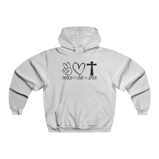 A white hoodie featuring a peace sign and a cross, embodying peace, love, and faith. Unisex heavy blend, 50% cotton, 50% polyester, with kangaroo pocket and drawstring hood. From Worlds Worst Tees.