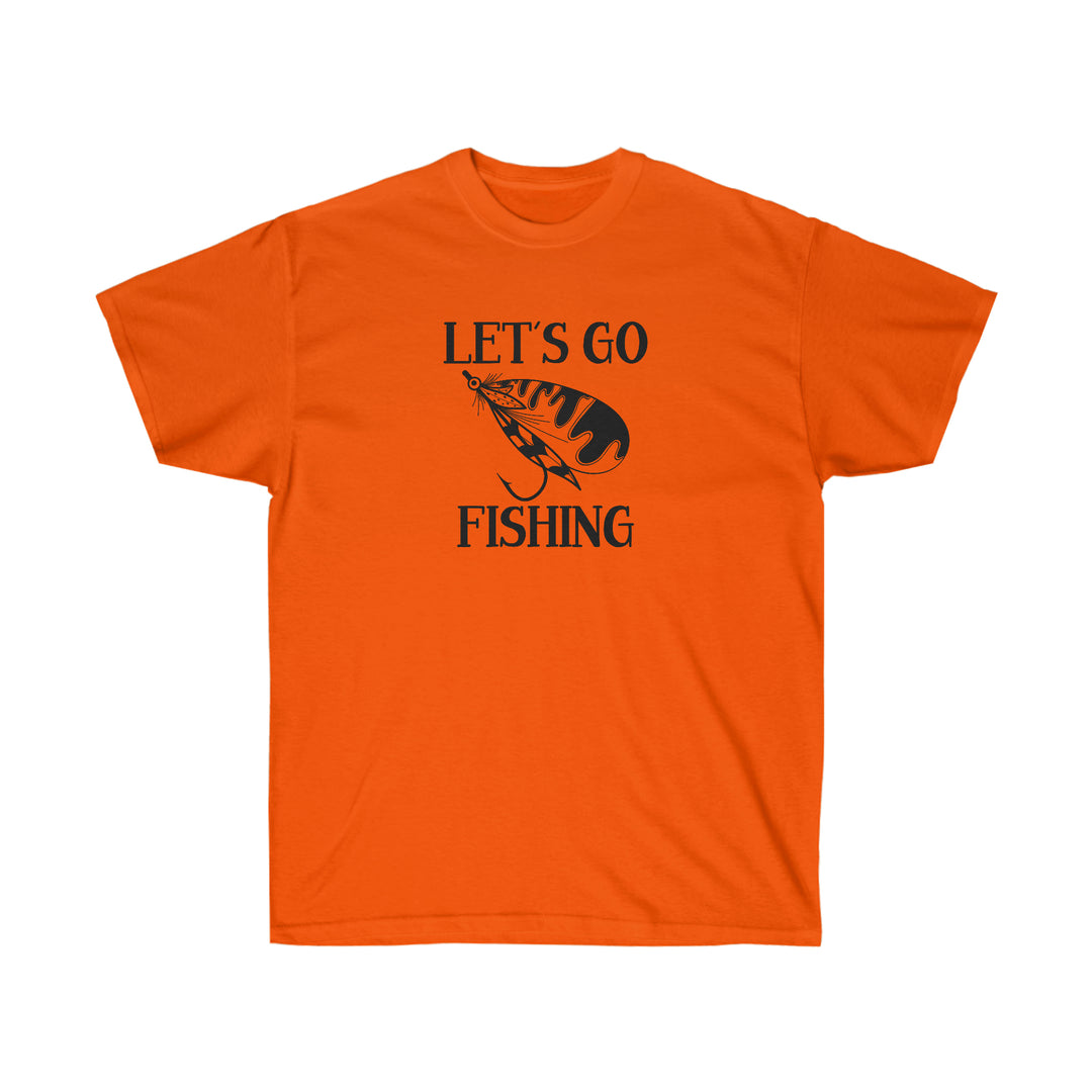 Unisex Let's Go Fly Fishing Tee: Classic fit, 100% cotton, tear-away label. Orange shirt with fishing lure graphic. Quality design from Worlds Worst Tees.