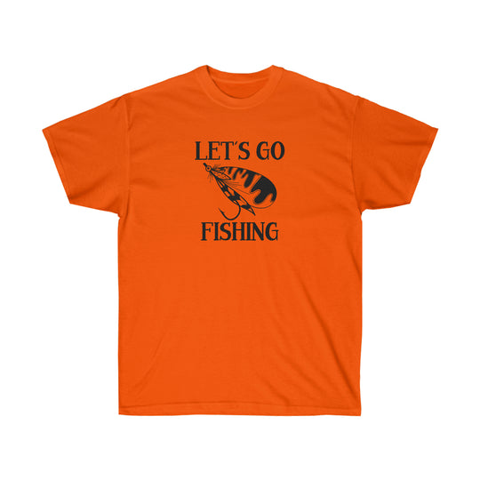 Unisex Let's Go Fly Fishing Tee: Classic fit, 100% cotton, tear-away label. Orange shirt with fishing lure graphic. Quality design from Worlds Worst Tees.