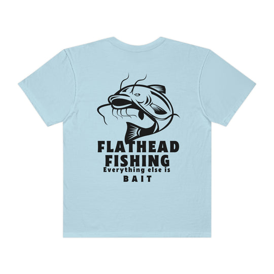 Alt text: Flathead Fishing Unisex Tee by Comfort Colors, featuring a fish design on light blue fabric, ideal for daily wear with 100% ring-spun cotton, relaxed fit, and durable double-needle stitching.