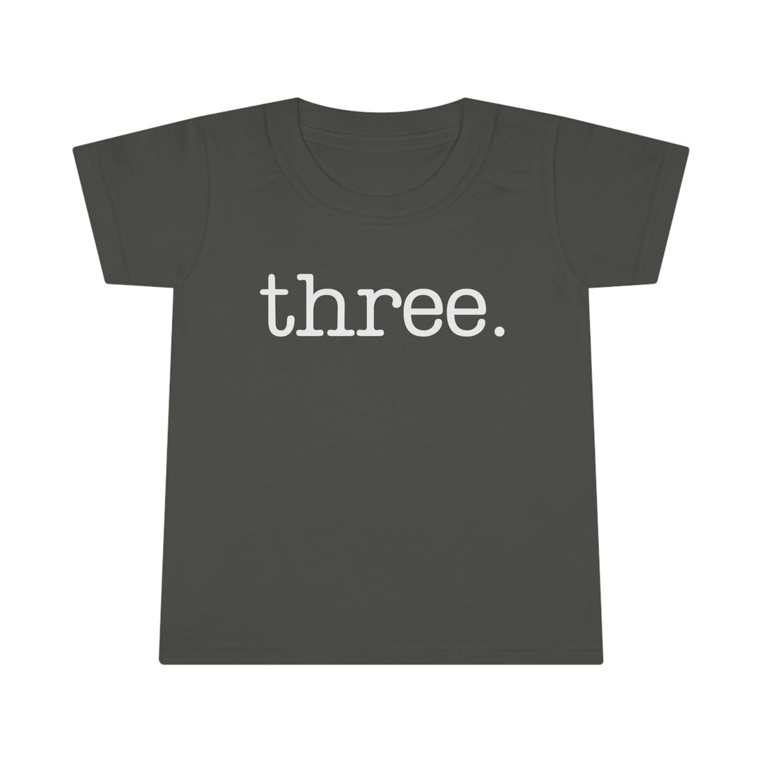 Three Toddler Tee with classic fit and high stitch density for durability. Features 3/4 double-needle topstitched collar and double-needle sleeve and bottom hems. Made of 100% Ringspun cotton.