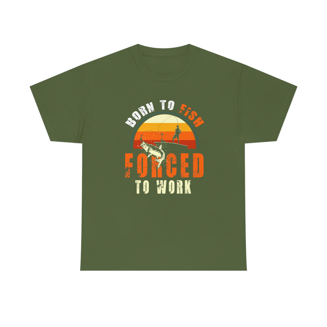 Unisex Born to Fish Tee, green shirt with fishing graphic. No side seams for comfort, durable tape on shoulders. Ribbed knit collar, 100% cotton. Classic fit, medium weight fabric.