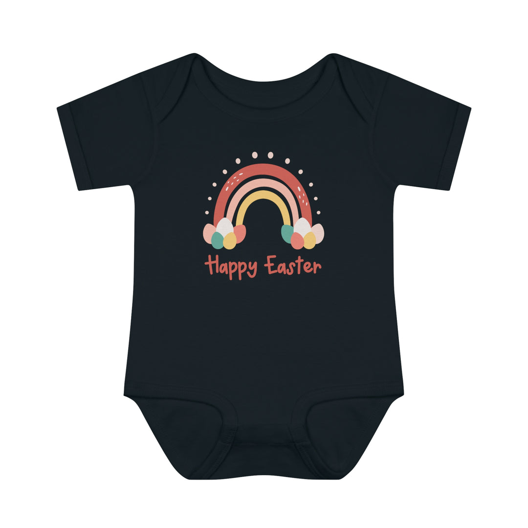 Happy Easter Rainbow Onesie: Soft infant bodysuit with lap shoulders for easy dressing. 100% cotton, unisex fit, light fabric. Perfect for younglings' comfort.