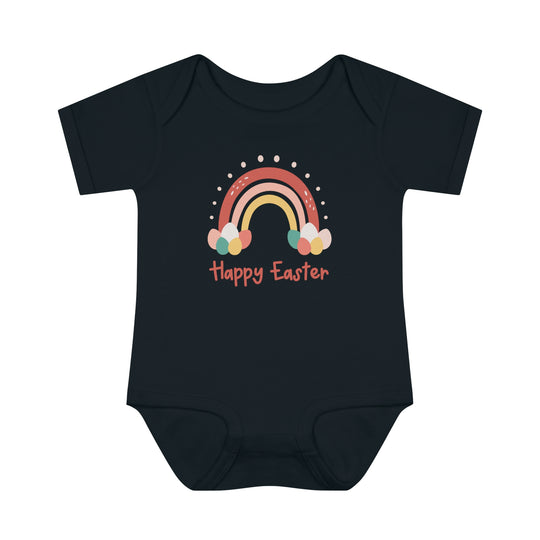 Happy Easter Rainbow Onesie: Soft infant bodysuit with lap shoulders for easy dressing. 100% cotton, unisex fit, light fabric. Perfect for younglings' comfort.