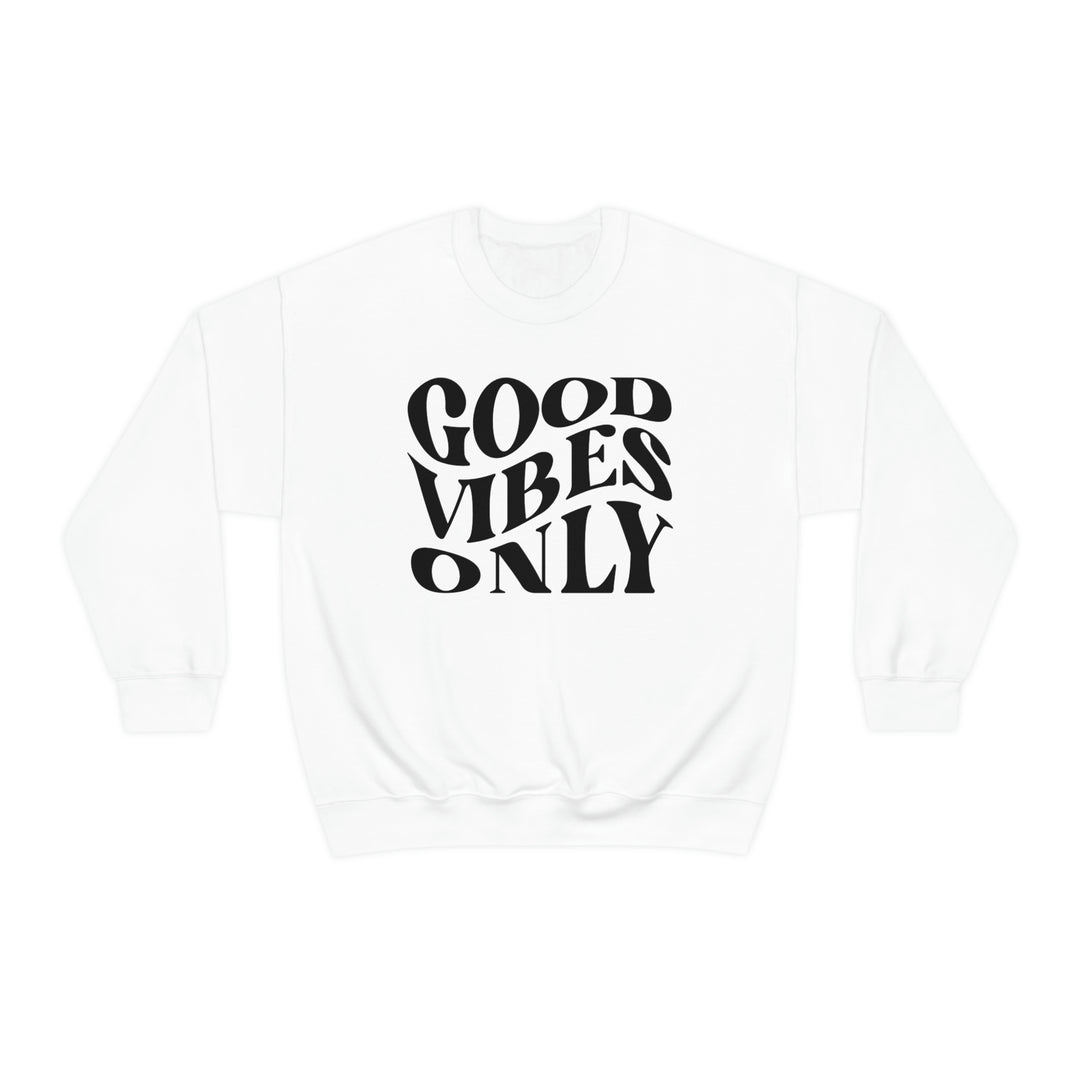 A unisex heavy blend crewneck sweatshirt featuring Good Vibes Only design. Medium-heavy fabric, loose fit, ribbed knit collar, no itchy side seams. Ideal for comfort in any situation. From Worlds Worst Tees.