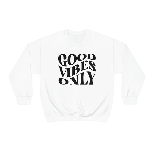 A unisex heavy blend crewneck sweatshirt featuring Good Vibes Only design. Medium-heavy fabric, loose fit, ribbed knit collar, no itchy side seams. Ideal for comfort in any situation. From Worlds Worst Tees.