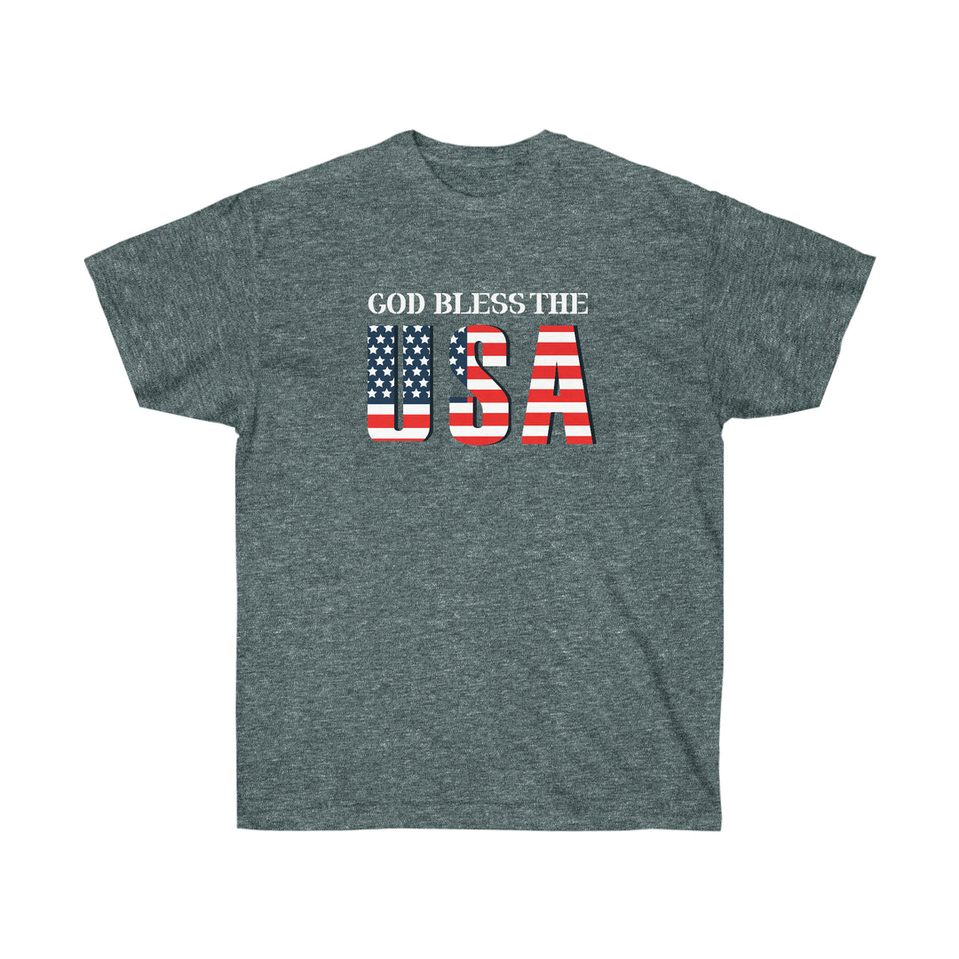 Unisex God Bless The USA Dudes Tee, classic fit, 100% cotton, medium fabric, tear-away label, sustainably sourced, ribbed collar for elasticity. From Worlds Worst Tees.
