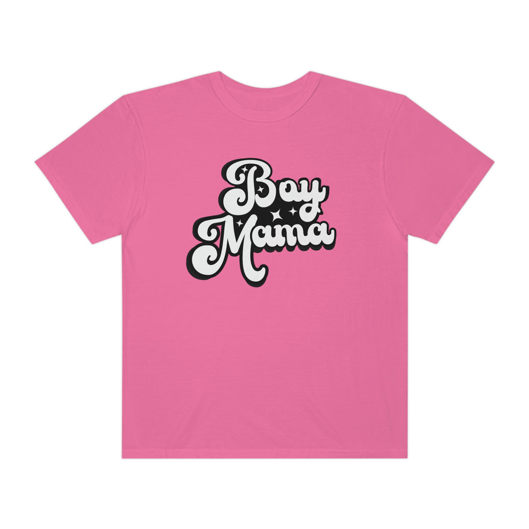 Relaxed fit Boy Mama Tee, 100% ring-spun cotton, garment-dyed for coziness. Double-needle stitching, no side-seams for durability and shape retention. Ideal for daily wear.