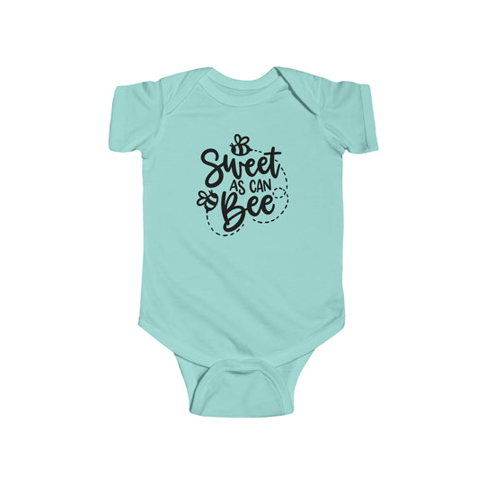 Infant fine jersey bodysuit, Sweet as can Be Onesie. 100% cotton fabric, ribbed knit bindings for durability, plastic snaps for easy changes. Combed ringspun cotton, light fabric, tear away label.