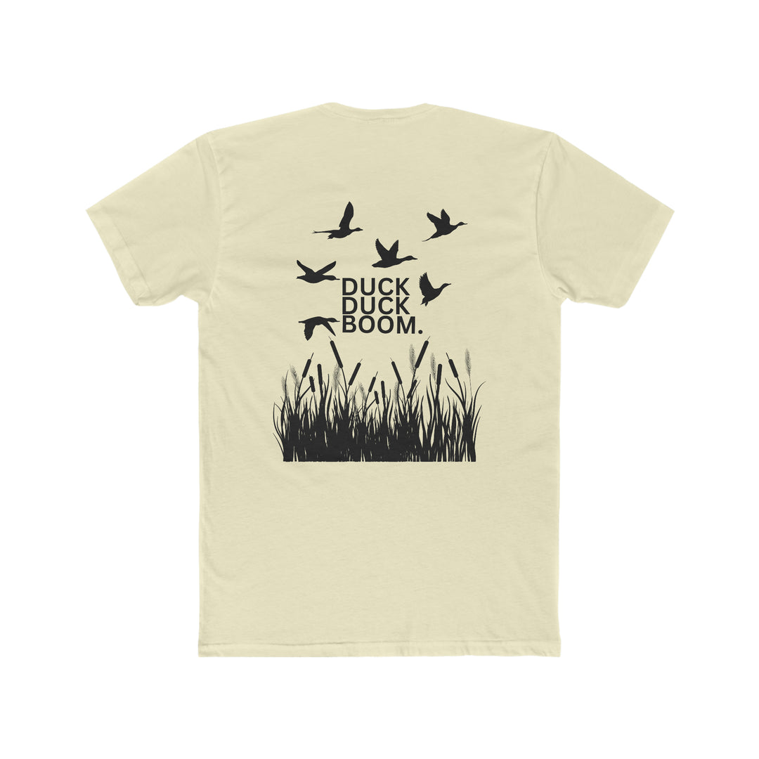 A premium fitted men’s Duck Duck Boom Tee, featuring a back design with birds, ribbed knit collar for elasticity, and 100% combed cotton fabric. Comfortable and stylish for workouts or daily wear.