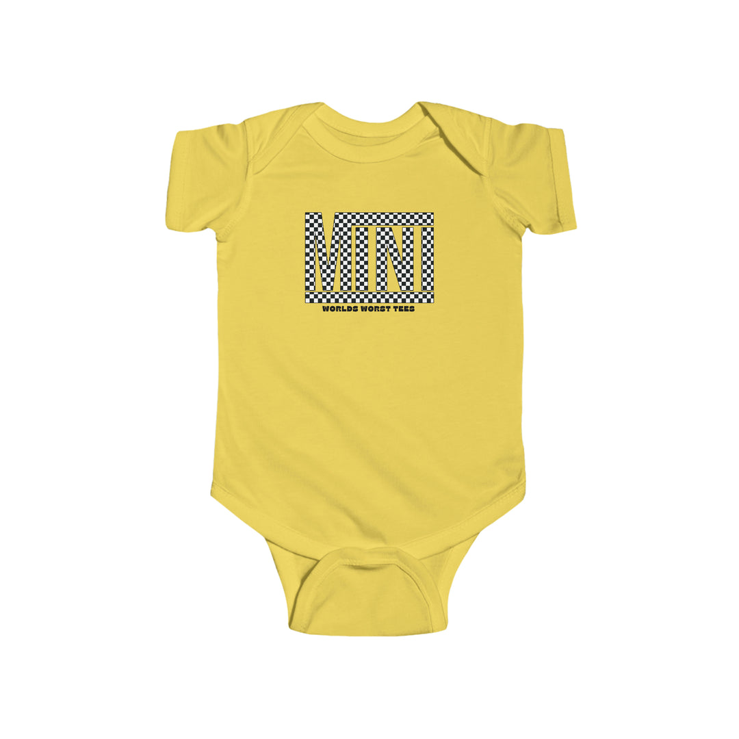 A durable and soft Vans Mini Onesie for infants, featuring a black and white checkered design. Made of 100% cotton, with ribbed knitting for durability and plastic snaps for easy changing access. Dimensions: Width - 7.32in, Length - 11.46in, Sleeve length - 2.52in.