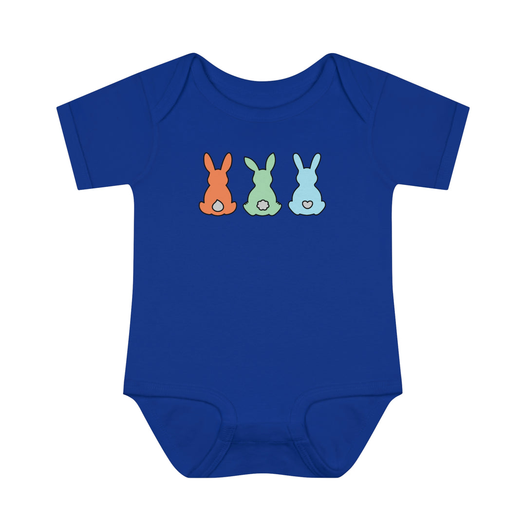 Infant Bunnies Easter Onesie with lap shoulders, featuring three adorable bunny designs on soft ring-spun cotton. Ideal for younglings, unisex fit, and light fabric. From Worlds Worst Tees.