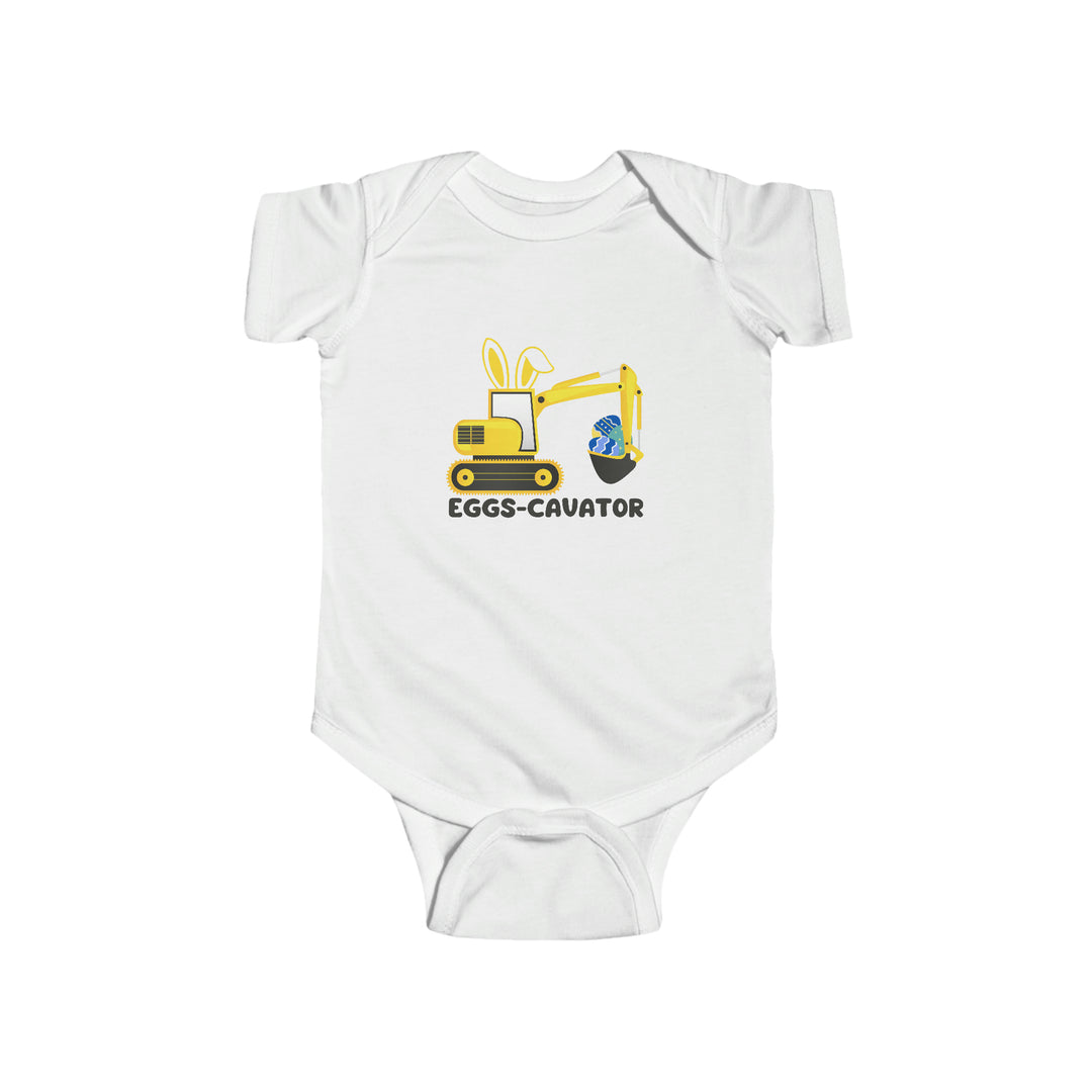 A durable and soft infant fine jersey bodysuit featuring a cartoon bulldozer, rabbit, and eggs design. Made of 100% cotton, with ribbed knitting for durability and plastic snaps for easy changing access. From Worlds Worst Tees.