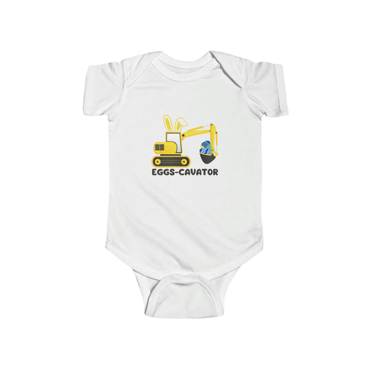 A durable and soft infant fine jersey bodysuit featuring a cartoon bulldozer, rabbit, and eggs design. Made of 100% cotton, with ribbed knitting for durability and plastic snaps for easy changing access. From Worlds Worst Tees.