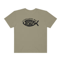 A relaxed-fit Jesus Follow Me Tee, crafted from 100% ring-spun cotton. Garment-dyed for extra coziness, featuring double-needle stitching and a seamless design for durability and comfort.