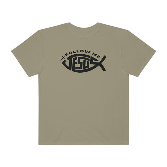 A relaxed-fit Jesus Follow Me Tee, crafted from 100% ring-spun cotton. Garment-dyed for extra coziness, featuring double-needle stitching and a seamless design for durability and comfort.