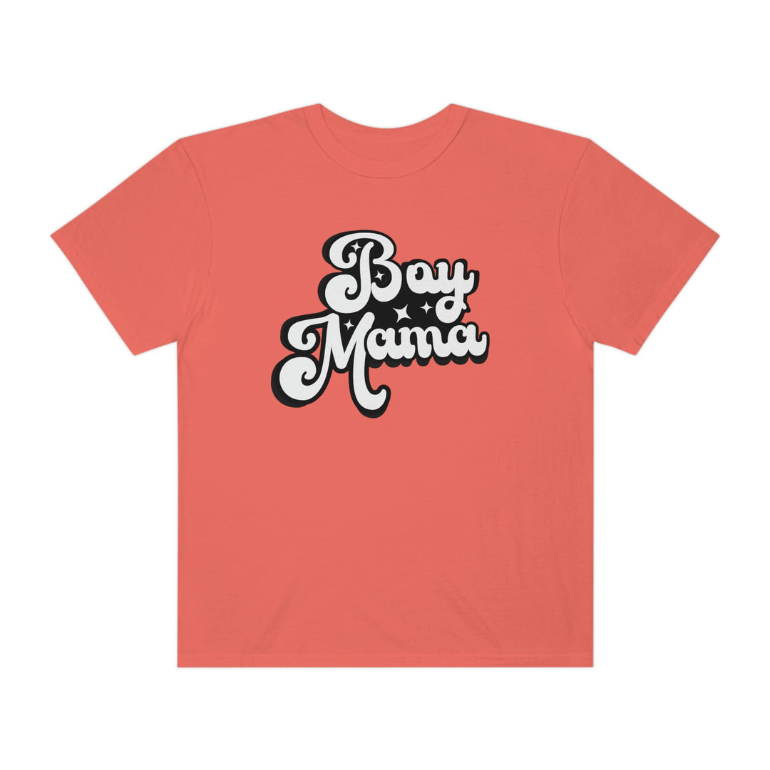A relaxed fit Boy Mama Tee, crafted from 100% ring-spun cotton. Garment-dyed for extra coziness, featuring double-needle stitching for durability and a seamless design for a tubular shape.