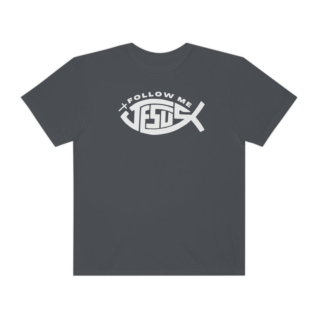 A relaxed fit Jesus Follow Me Tee, crafted from 100% ring-spun cotton. Garment-dyed for coziness, featuring double-needle stitching for durability and a seamless design for a tubular shape.