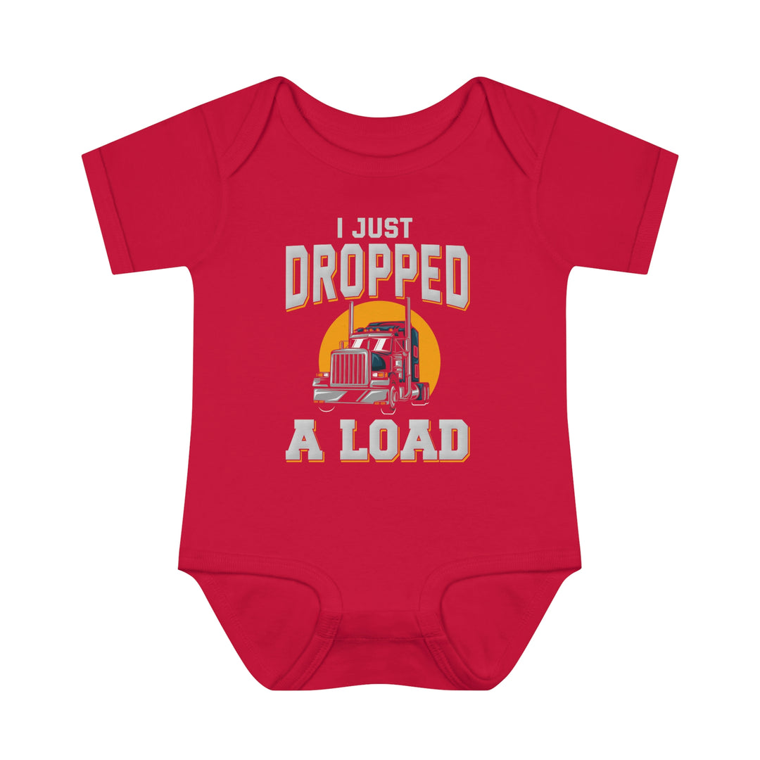 Infant unisex I Just Dropped a Load Onesie with truck graphic. Soft ring-spun cotton bodysuit with lap shoulders for easy dressing. Perfect for younglings.