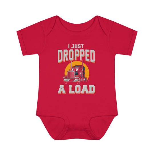 Infant unisex I Just Dropped a Load Onesie with truck graphic. Soft ring-spun cotton bodysuit with lap shoulders for easy dressing. Perfect for younglings.