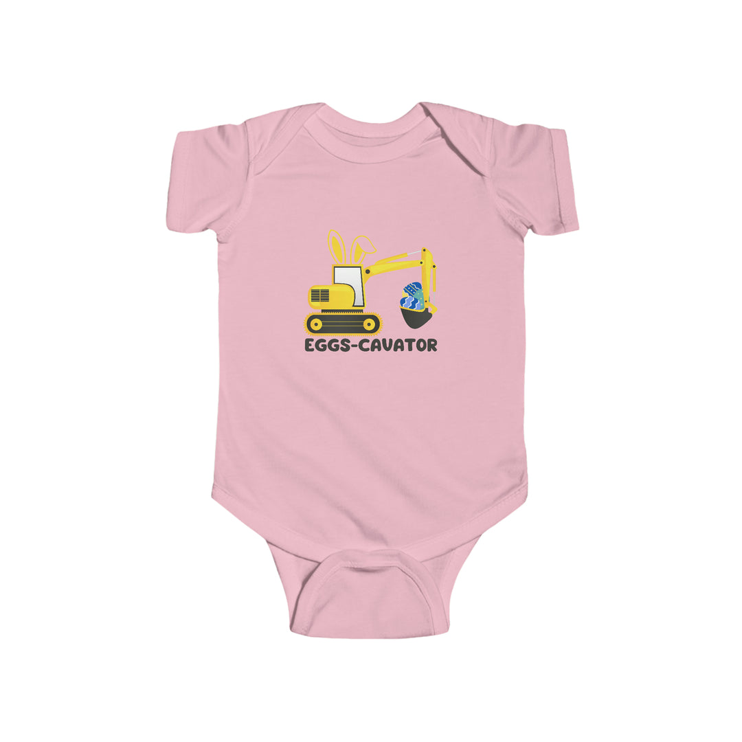 Infant fine jersey bodysuit featuring a cartoon bulldozer with bunny ears and eggs, labeled Eggs-Cavator Onesie. Made of 100% cotton, with ribbed knit bindings and plastic snaps for easy changing access. From Worlds Worst Tees.