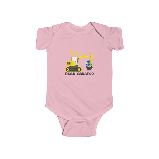 Infant fine jersey bodysuit featuring a cartoon bulldozer with bunny ears and eggs, labeled Eggs-Cavator Onesie. Made of 100% cotton, with ribbed knit bindings and plastic snaps for easy changing access. From Worlds Worst Tees.