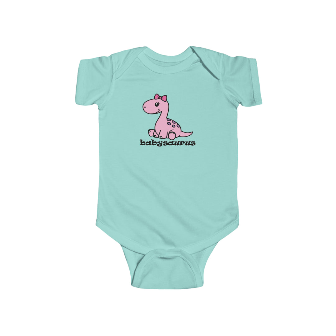 A durable and soft infant fine jersey bodysuit featuring a cartoon dinosaur design, ideal for easy changing with plastic snaps. Made of 100% cotton for solid colors and ribbed knitting for durability. From Worlds Worst Tees.