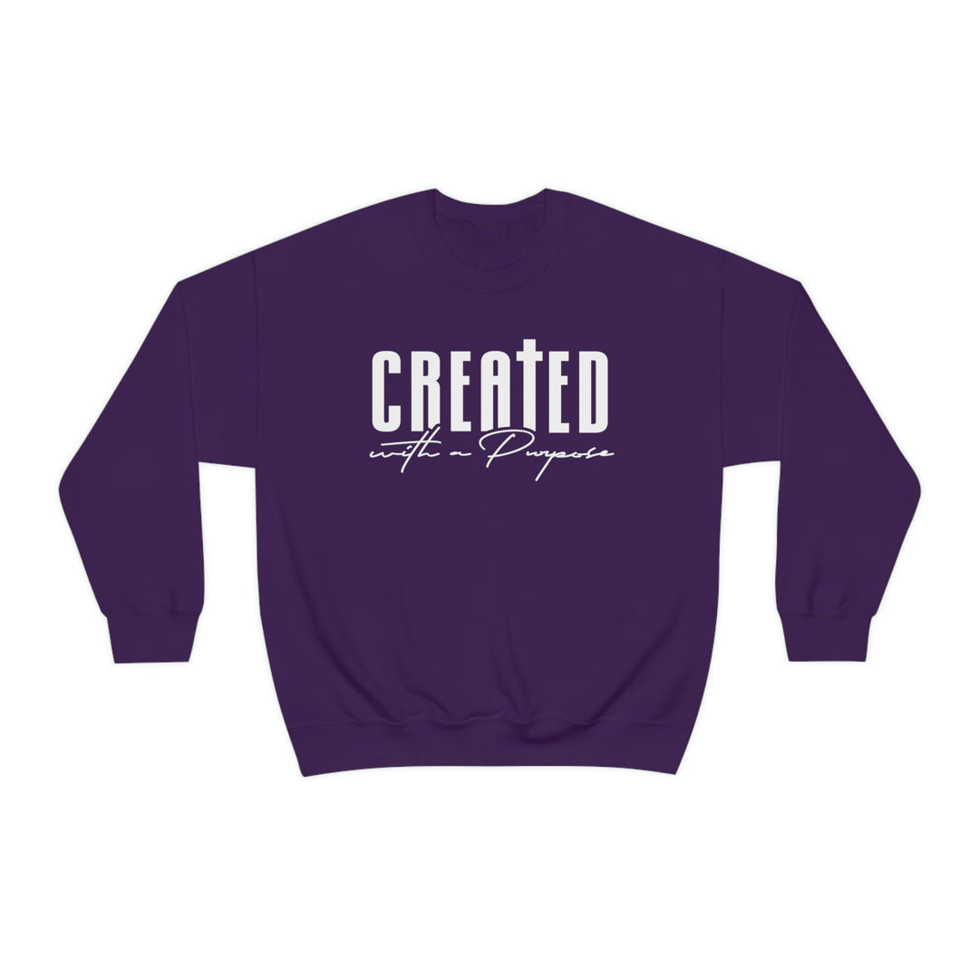 Unisex heavy blend crewneck sweatshirt, Created With A Purpose, featuring ribbed knit collar, no itchy side seams, and a loose fit. 50% cotton, 50% polyester, medium-heavy fabric. Sewn-in label, true to size.