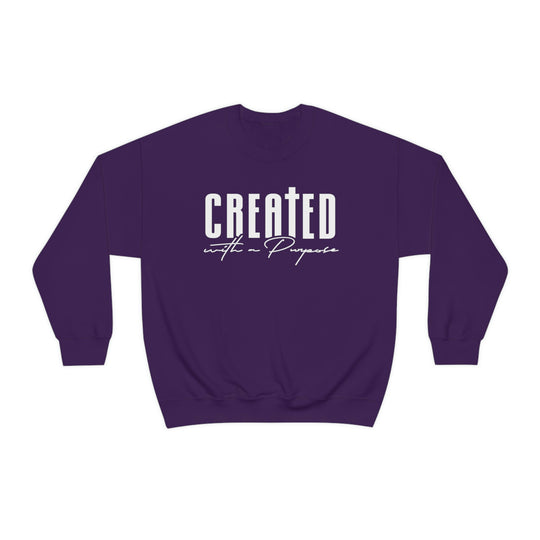 Unisex heavy blend crewneck sweatshirt, Created With A Purpose, featuring ribbed knit collar, no itchy side seams, and a loose fit. 50% cotton, 50% polyester, medium-heavy fabric. Sewn-in label, true to size.