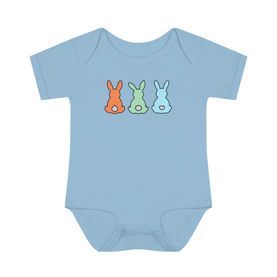 Infant Bunnies Easter Onesie with lap shoulders, made of soft ring-spun cotton for comfort. Unisex fit, light fabric, perfect for younglings. Ideal for fidgeting and adjusting.
