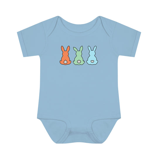 Infant Bunnies Easter Onesie with lap shoulders, made of soft ring-spun cotton for comfort. Unisex fit, light fabric, perfect for younglings. Ideal for fidgeting and adjusting.