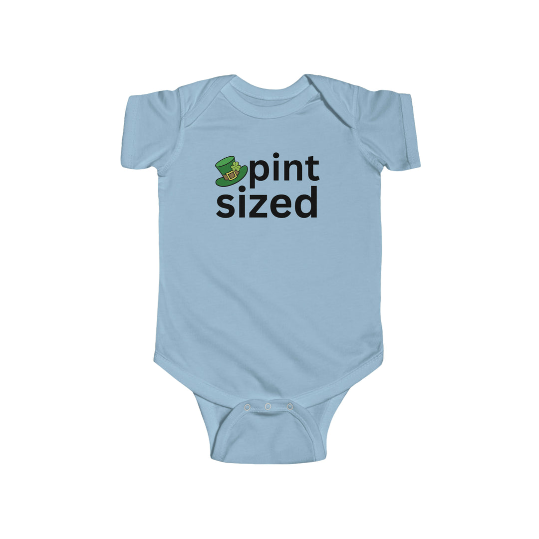 Pint Sized Onesie: Infant fine jersey bodysuit in 100% cotton, featuring ribbed bindings and plastic snaps for easy changes. Light fabric, tear-away label, ideal for NB to 24M sizes.