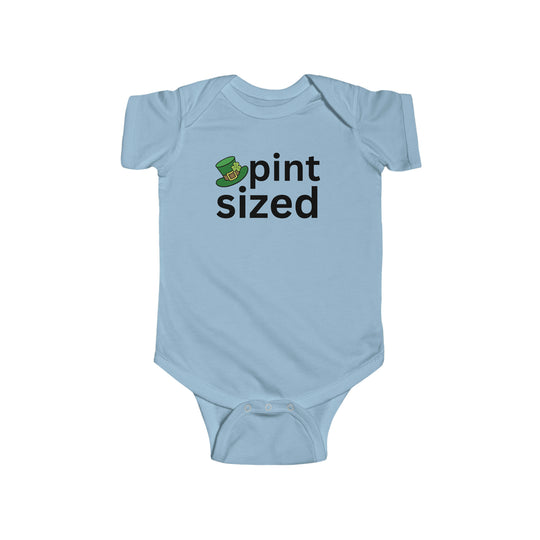 Pint Sized Onesie: Infant fine jersey bodysuit in 100% cotton, featuring ribbed bindings and plastic snaps for easy changes. Light fabric, tear-away label, ideal for NB to 24M sizes.