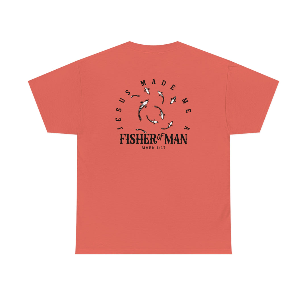 Unisex Fisher of Man Tee, red shirt with fish logo, back view. Classic fit, ribbed knit collar, durable tape on shoulders. Ideal casual staple from Worlds Worst Tees.