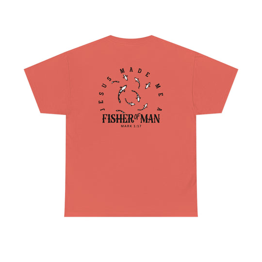 Unisex Fisher of Man Tee, red shirt with fish logo, back view. Classic fit, ribbed knit collar, durable tape on shoulders. Ideal casual staple from Worlds Worst Tees.
