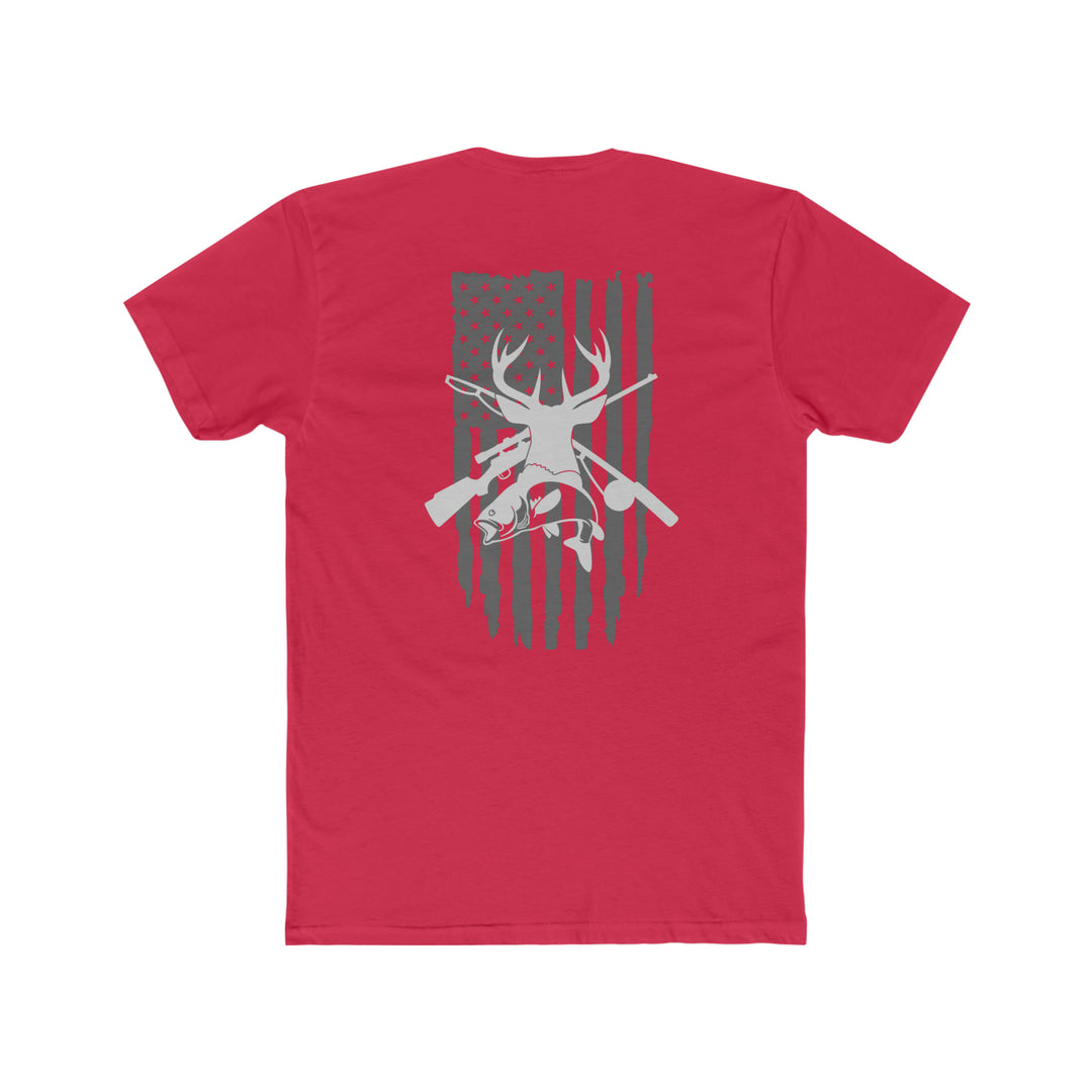 Real American Tee: Red shirt with flag, deer, and guns design. Comfy, light, premium fit shirt for workouts or daily wear. 100% cotton, tear-away label. Sizes XS-4XL.