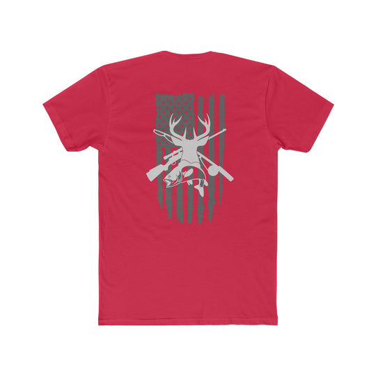 Real American Tee: Red shirt with flag, deer, and guns design. Comfy, light, premium fit shirt for workouts or daily wear. 100% cotton, tear-away label. Sizes XS-4XL.