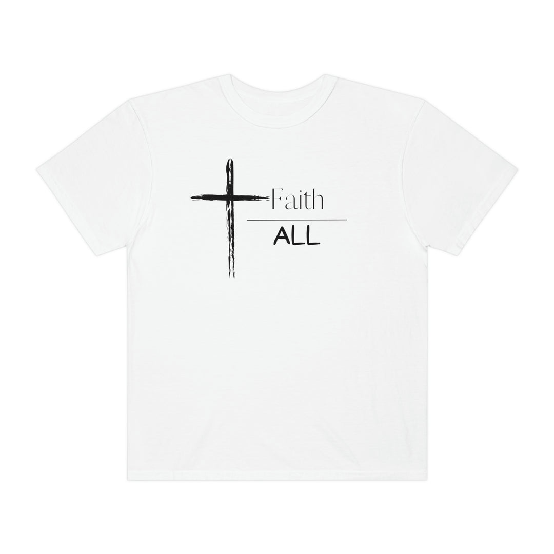 A white Faith Over All Tee with a cross and text design. 100% ring-spun cotton, medium weight, relaxed fit, and durable double-needle stitching. Ideal for daily wear with a cozy, soft-washed feel.