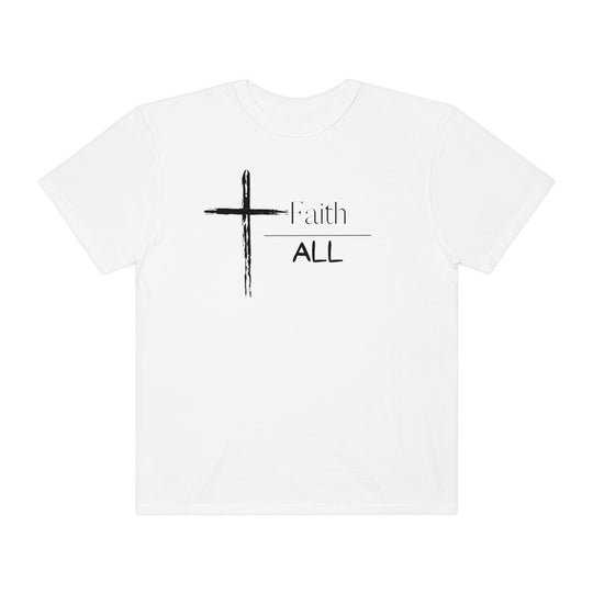 A white Faith Over All Tee with a cross and text design. 100% ring-spun cotton, medium weight, relaxed fit, and durable double-needle stitching. Ideal for daily wear with a cozy, soft-washed feel.