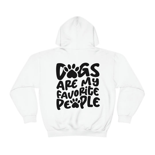 Unisex Dogs are my Favorite People Hoodie, white with black text. Thick cotton-polyester blend, kangaroo pocket, classic fit. Ideal for warmth and comfort. No side seams, drawstring hood.