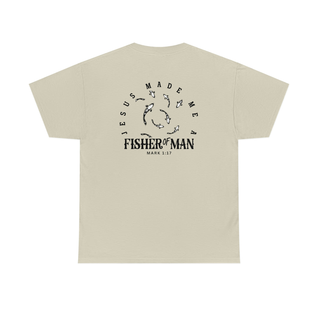 A staple Fisher of Man Tee from Worlds Worst Tees. Unisex heavy cotton with fish logo on the back, durable tape shoulders, and ribbed knit collar. Sizes S to 5XL.