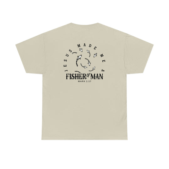 A staple Fisher of Man Tee from Worlds Worst Tees. Unisex heavy cotton with fish logo on the back, durable tape shoulders, and ribbed knit collar. Sizes S to 5XL.