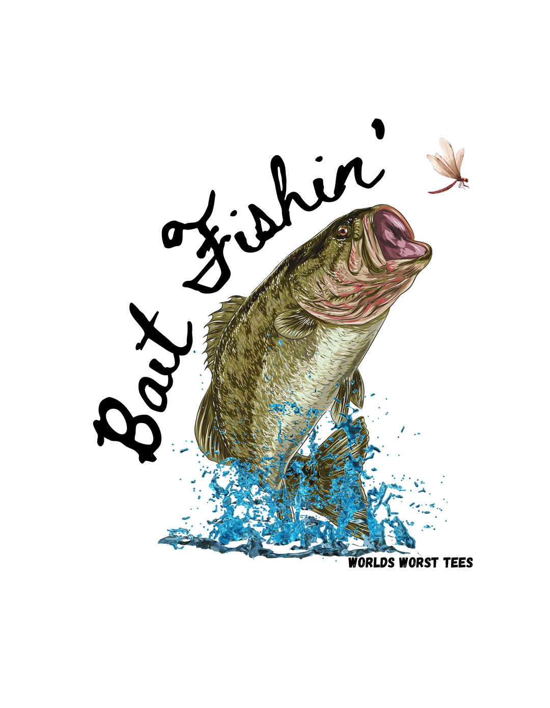 A ring-spun cotton Bait Fishin Tee, featuring a fish leaping out of water with a dragonfly. Medium weight, relaxed fit, durable double-needle stitching, and seamless design for comfort. Dimensions: S - 18.25W x 26.62L, 3XL - 27.75W x 32.50L.