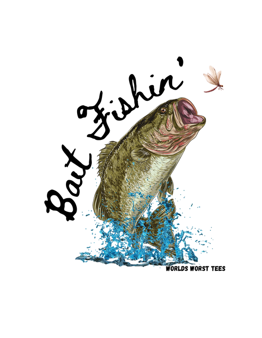 A ring-spun cotton Bait Fishin Tee, featuring a fish leaping out of water with a dragonfly. Medium weight, relaxed fit, durable double-needle stitching, and seamless design for comfort. Dimensions: S - 18.25W x 26.62L, 3XL - 27.75W x 32.50L.