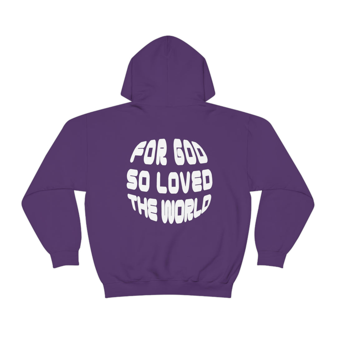Unisex heavy blend hooded sweatshirt featuring For God So Loved the World text. Thick cotton-polyester fabric, kangaroo pocket, and drawstring hood. Classic fit, tear-away label, ideal for printing.