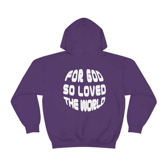 Unisex heavy blend hooded sweatshirt featuring For God So Loved the World text. Thick cotton-polyester fabric, kangaroo pocket, and drawstring hood. Classic fit, tear-away label, ideal for printing.