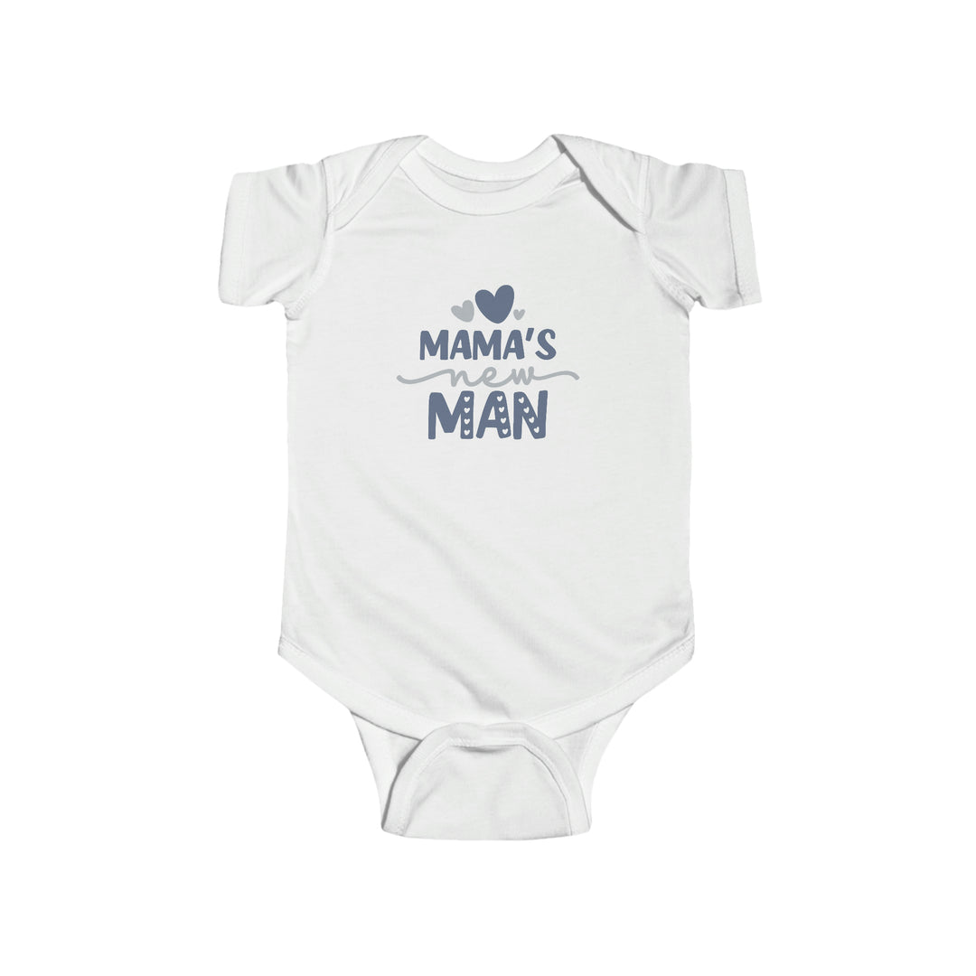 A durable and soft infant fine jersey bodysuit, featuring plastic snaps for easy changing access. Made of 100% cotton with ribbed knitting for durability. Product title: Mama's New Man Onesie.